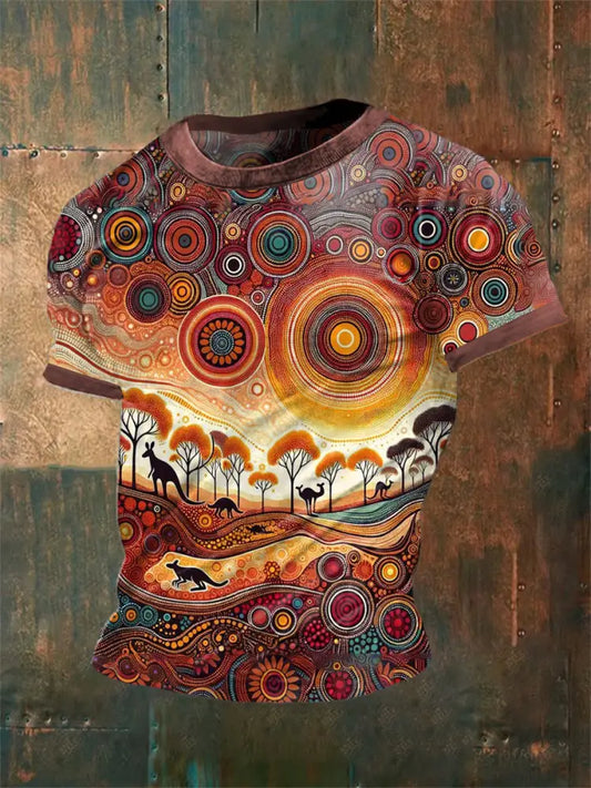 Unisex Vintage Australian Aboriginal Colourful Dot Art Kangaroo Abstract Print Casual Cotton Short Sleeve T-Shirt As