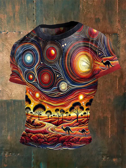 Unisex Vintage Australian Aboriginal Colourful Dot Art Kangaroo Forest Abstract Print Casual Cotton Short Sleeve