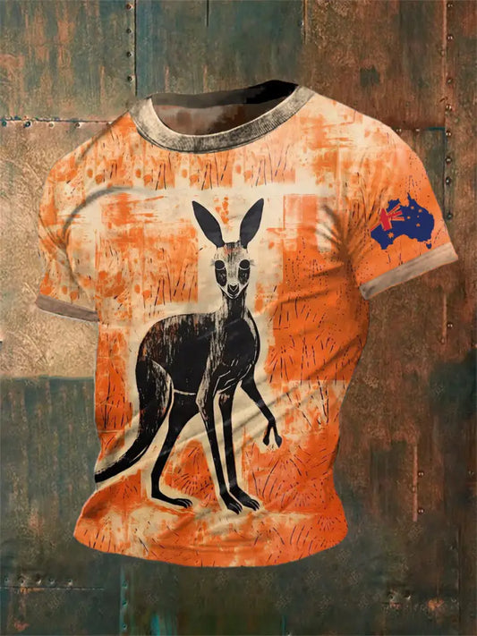 Unisex Vintage Australian Aboriginal Dot Art Kangaroo Print Casual Cotton Short Sleeve T-Shirt Orange / S