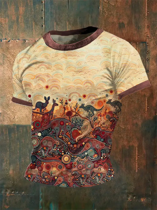 Unisex Vintage Australian Aboriginal Inspired Dot Art Abstract Print Casual Cotton Short Sleeve T-Shirt As picture / S