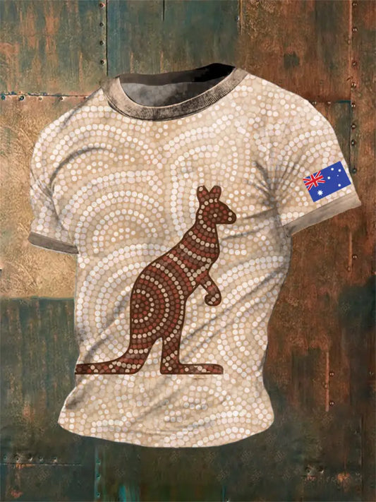 Unisex Vintage Australian Aboriginal Inspired Dot Art Kangaroo Abstract Print Casual Cotton Short Sleeve T-Shirt