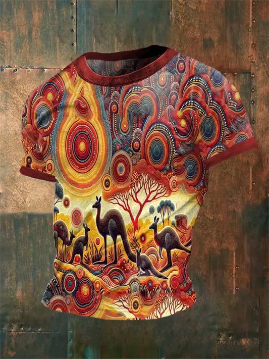 Unisex Vintage Australian Aboriginal Inspired Dot Art Kangaroo Abstract Print Casual Cotton Short Sleeve T-Shirt As
