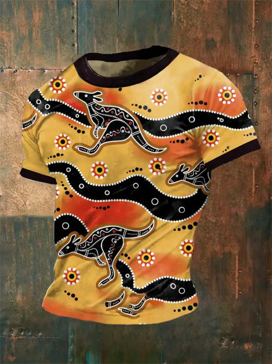 Unisex Vintage Australian Kangaroo Aboriginal Dots Art Painting Abstract Print Casual Cotton Short Sleeve T-Shirt