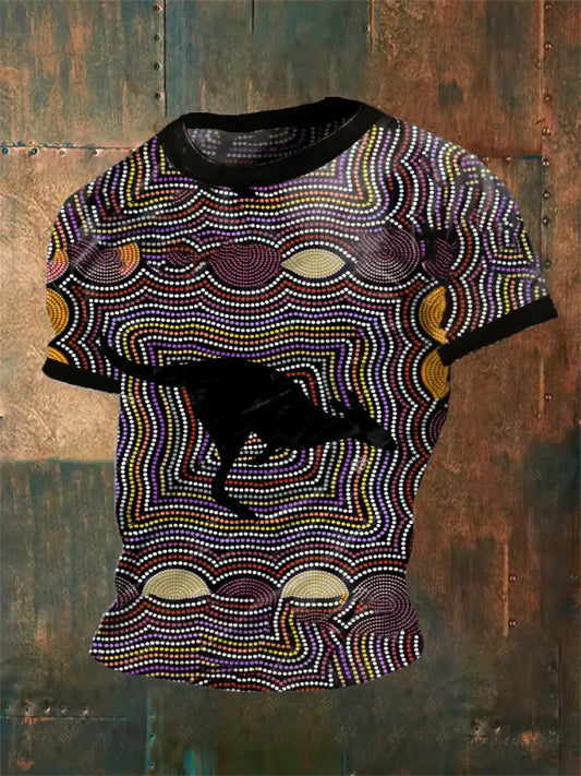 Unisex Vintage Australian Kangaroo Aboriginal Dots Colourful Line Art Painting Abstract Print Casual Cotton Short
