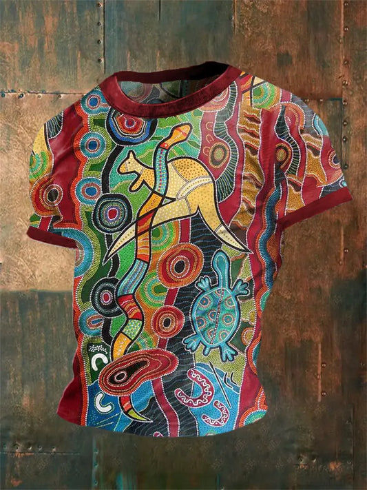 Unisex Vintage Australian Kangaroo Snake Turtle Dots Colourful Art Painting Abstract Print Casual Cotton Short Sleeve