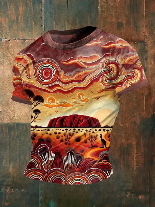 Unisex Vintage Australian Uluru Sunset Aboriginal Dot Art Print Casual Cotton Short Sleeve T-Shirt As picture / S