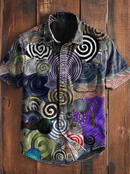 Unisex Vintage Colourful Patchwork Circles Star Art Abstract Print Casual Upgraded Cotton Short Sleeve Pocket Shirt As
