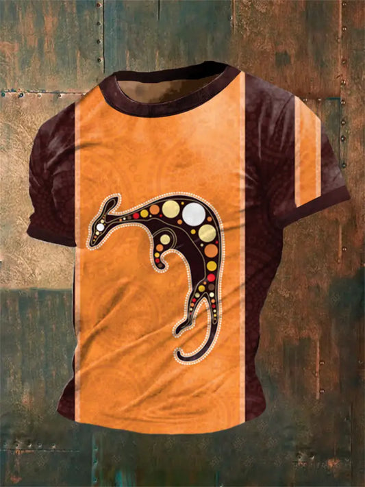 Unisex Vintage Kangaroo Aboriginal Dots Colourful Line Art Painting Abstract Print Casual Cotton Short Sleeve T-Shirt