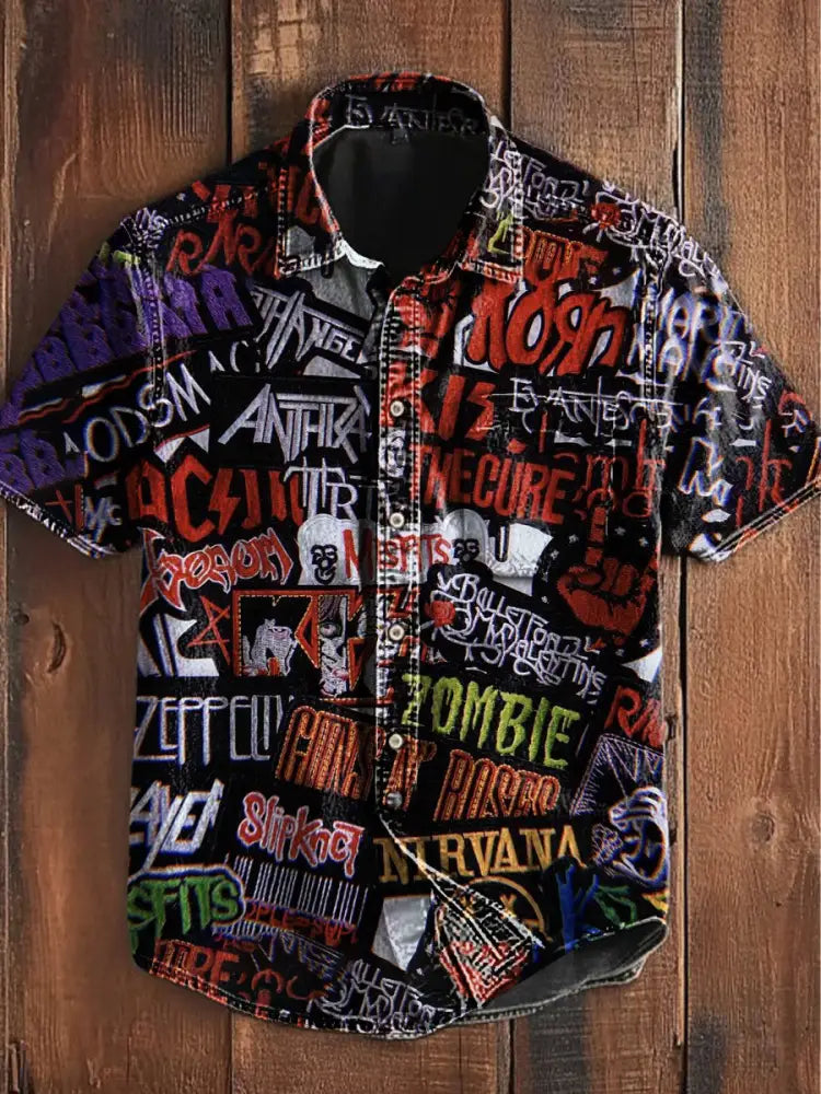 Unisex Vintage Punk Poster Colourful Graffiti Art Abstract Print Casual Upgraded Cotton Short Sleeve Pocket Shirt As
