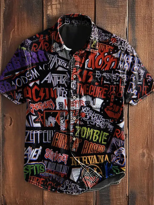Unisex Vintage Punk Poster Colourful Graffiti Art Abstract Print Casual Upgraded Cotton Short Sleeve Pocket Shirt As