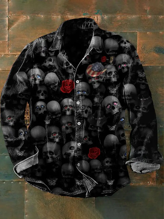 Unisex Vintage Punk Skull Eyes American Hat Abstract Print Casual Long Sleeve Shirt Black / S Men’s Clothing