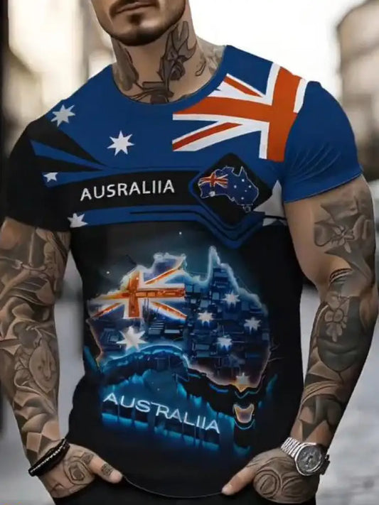 Vintage Australia Flag Badge Map Abstract Print Casual Cotton Short Sleeve T-Shirt