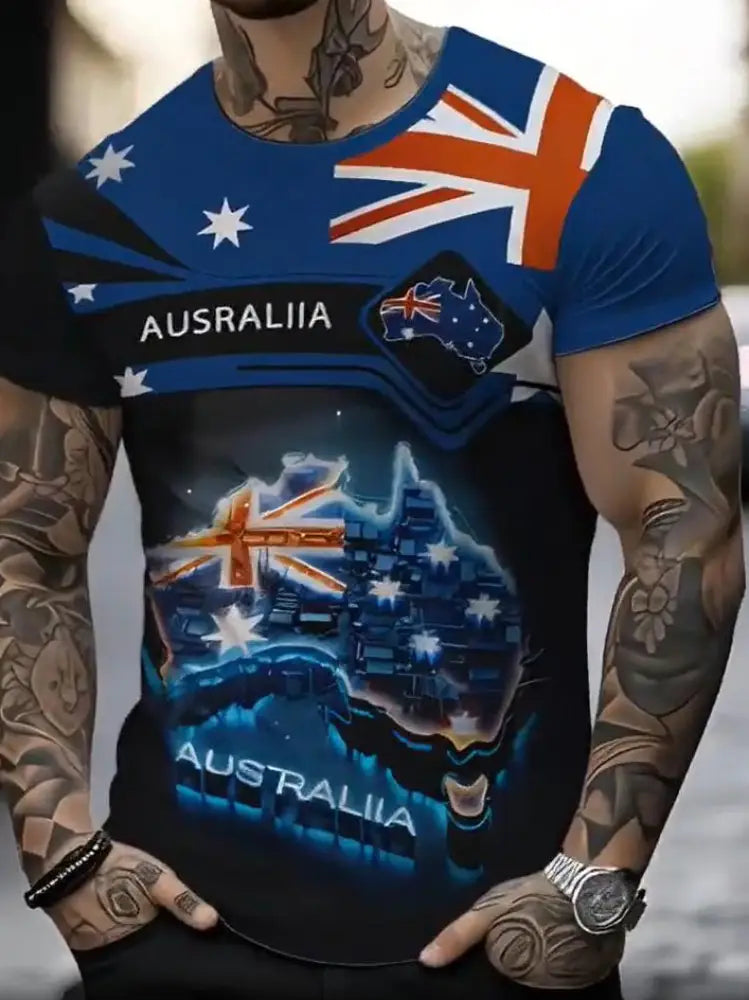 Vintage Australia Flag Badge Map Abstract Print Casual Cotton Short Sleeve T-Shirt Blue / S