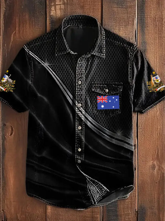 Vintage Australia Flag Badge Printed Casual Short Sleeve Pocket Shirt Black / S