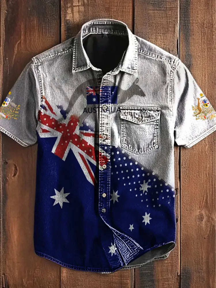 Vintage Australia Flag Badge Printed Casual Short Sleeve Pocket Shirt Blue / S