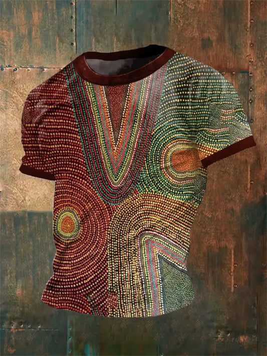 Vintage Australian Aboriginal Inspired Dot Art Abstract Print Casual Cotton Short Sleeve T-Shirt As picture / S