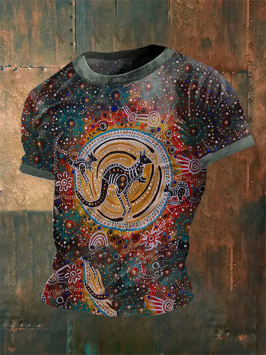 Vintage Australian Aboriginal Inspired Dot Art Kangaroo Abstract Print Casual Cotton Short Sleeve T-Shirt As picture / S