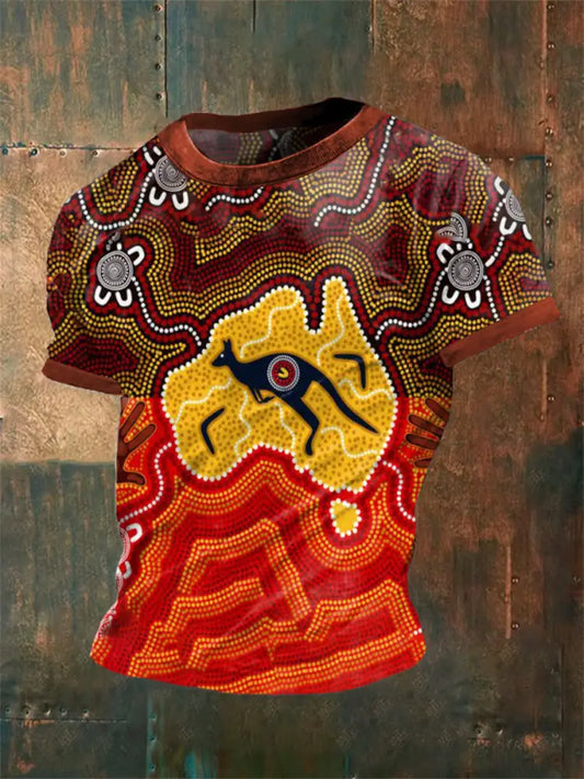 Vintage Australian Aboriginal Inspired Dot Art Kangaroo Abstract Print Casual Cotton Short Sleeve T-Shirt As picture / S
