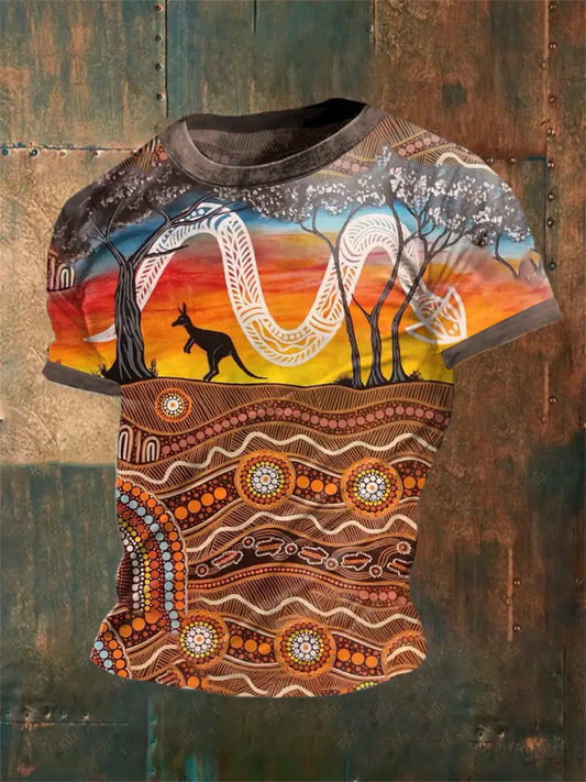 Vintage Australian Aboriginal Inspired Dot Art Kangaroo Abstract Print Casual Cotton Short Sleeve T-Shirt As picture / S
