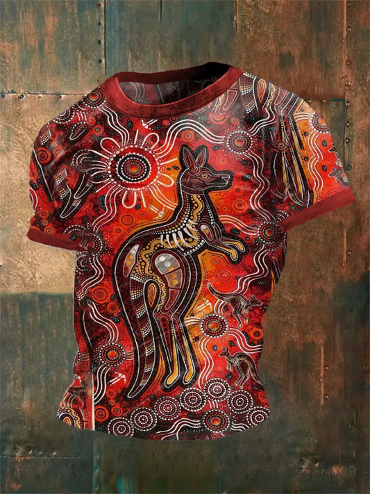 Vintage Australian Aboriginal Inspired Dot Art Kangaroo Abstract Print Casual Cotton Short Sleeve T-Shirt As picture / S