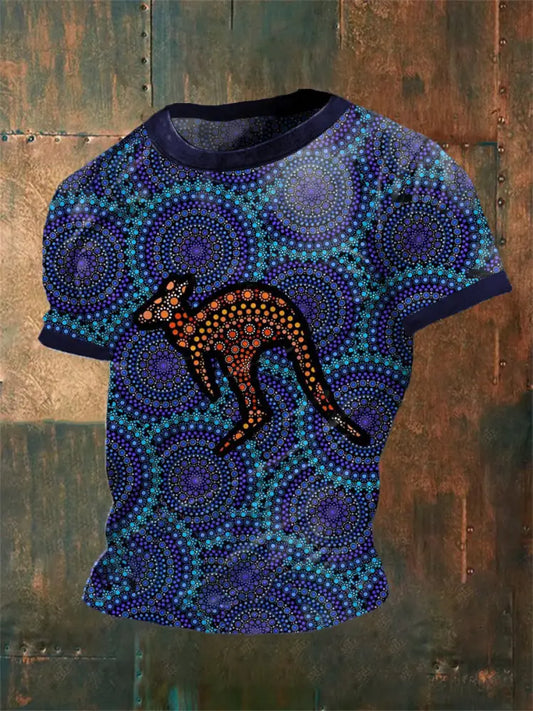 Vintage Australian Aboriginal Inspired Dot Art Kangaroo Abstract Print Casual Cotton Short Sleeve T-Shirt Blue / S