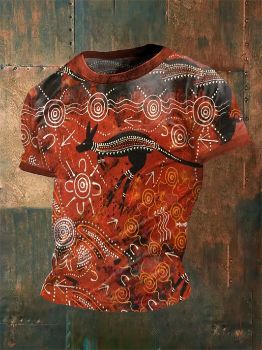 Vintage Australian Aboriginal Inspired Dot Art Kangaroo Abstract Print Casual Cotton Short Sleeve T-Shirt Orange / S