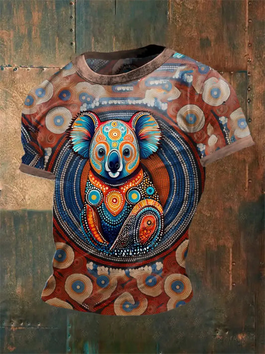 Vintage Australian Aboriginal Inspired Dot Art Koala Abstract Print Casual Cotton Short Sleeve T-Shirt As picture / S