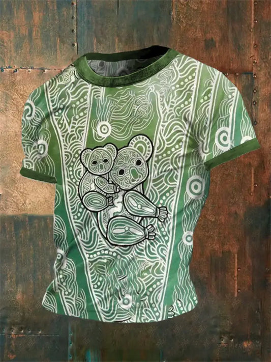 Vintage Australian Aboriginal Inspired Dot Art Koala Abstract Print Casual Cotton Short Sleeve T-Shirt Green / S