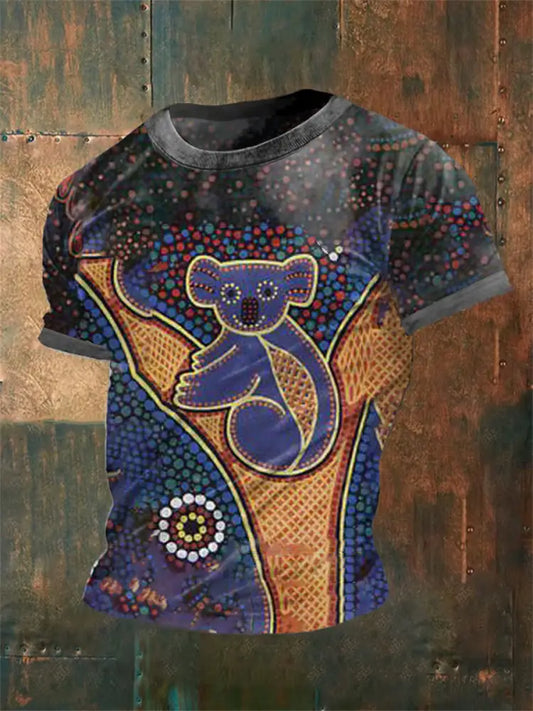 Vintage Australian Aboriginal Inspired Dot Art Koala Colourful Abstract Print Casual Cotton Short Sleeve T-Shirt As