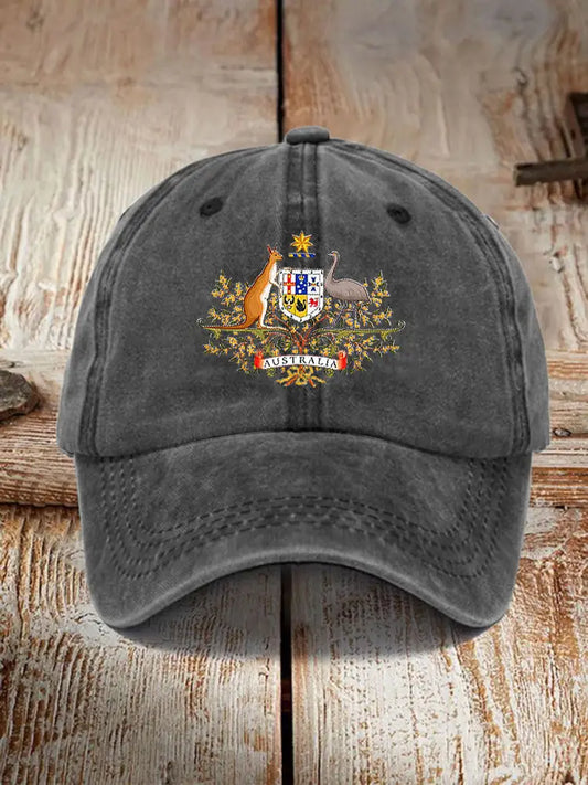 Vintage Australian Flag and Coat of Arms Fun Print Hats Gray / JM