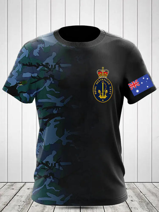 Vintage Australian Flag Badge Camouflage Veteran Print Casual Cotton Short Sleeve T-Shirt Blue / S
