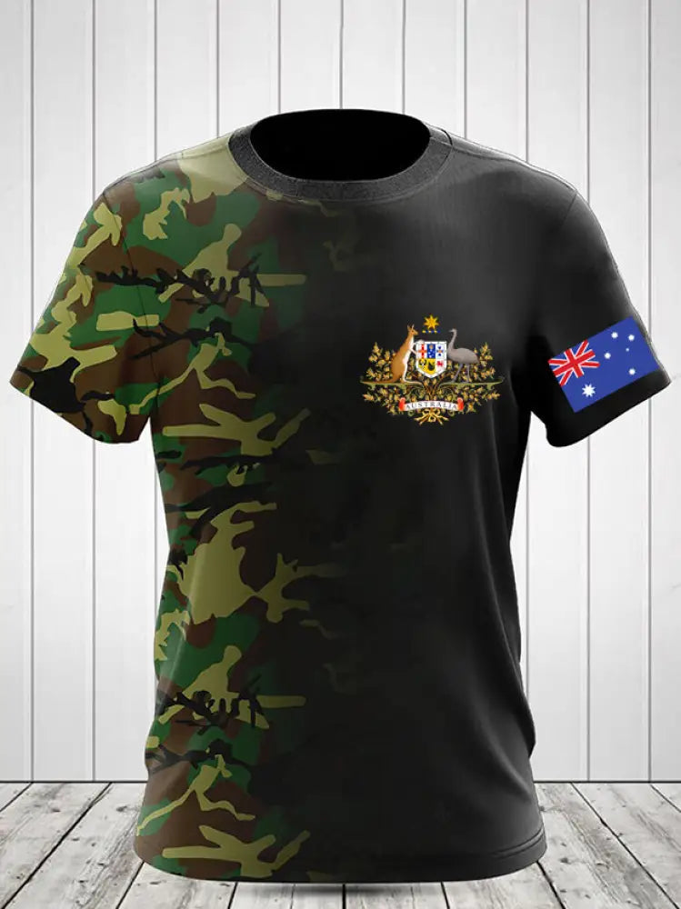 Vintage Australian Flag Badge Camouflage Veteran Print Casual Cotton Short Sleeve T-Shirt Green / S