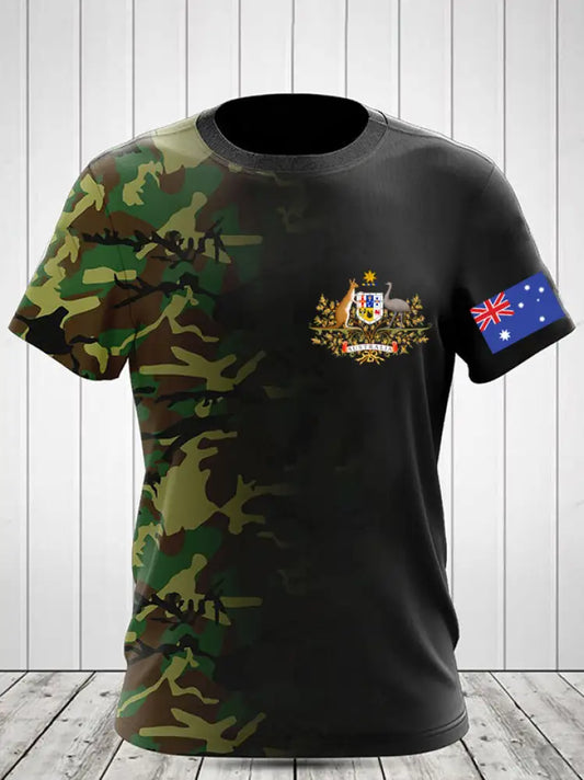 Vintage Australian Flag Badge Camouflage Veteran Print Casual Cotton Short Sleeve T-Shirt Green / S