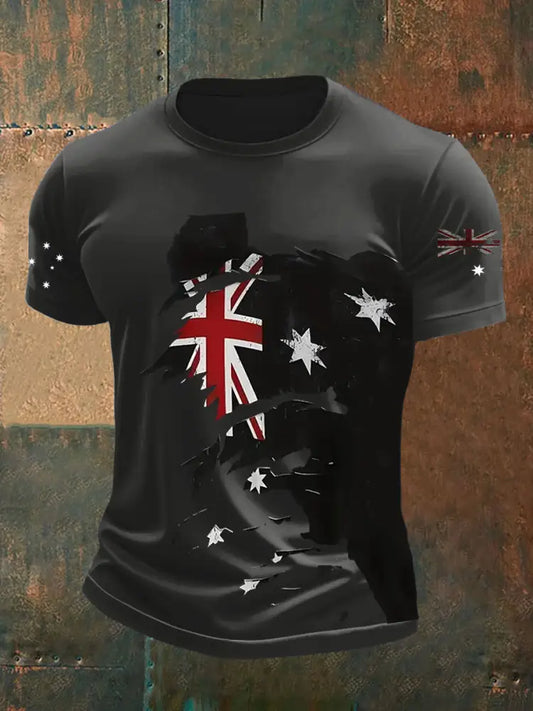 Vintage Australian Flag Badge Cracked Print Casual Cotton Short Sleeve T-Shirt Gray / S