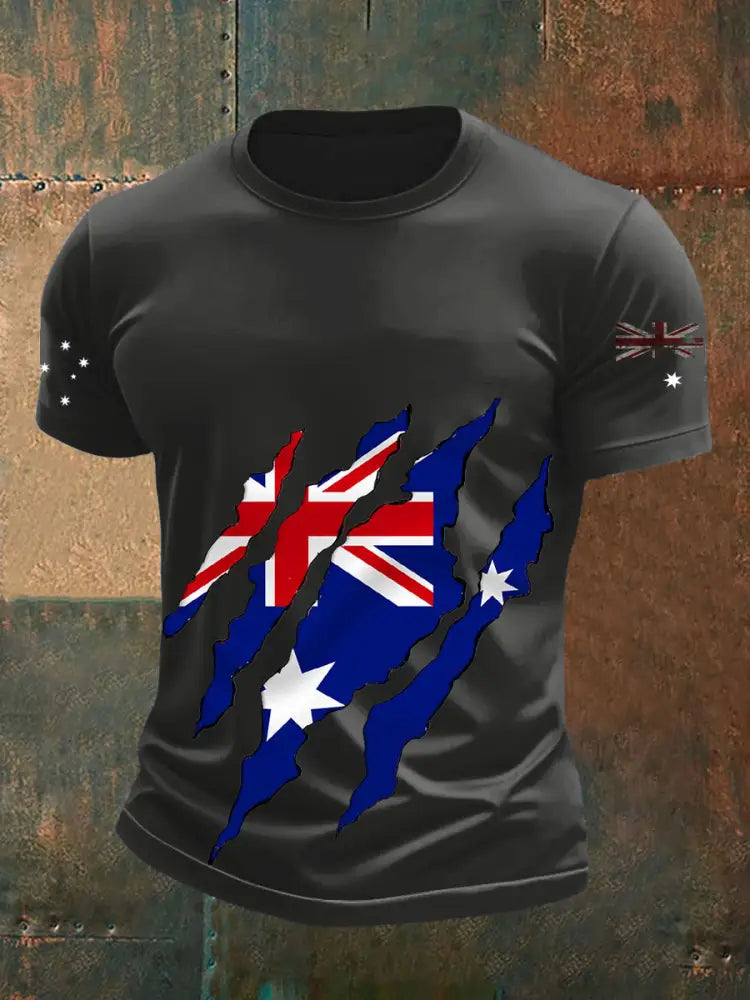 Vintage Australian Flag Badge Cracked Print Casual Cotton Short Sleeve T-Shirt Gray / S