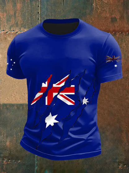 Vintage Australian Flag Badge Cracked Print Casual Cotton Short Sleeve T-Shirt Navy Blue / S