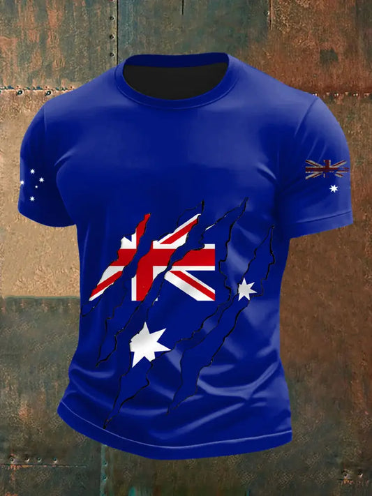 Vintage Australian Flag Badge Cracked Print Casual Cotton Short Sleeve T-Shirt Navy Blue / S