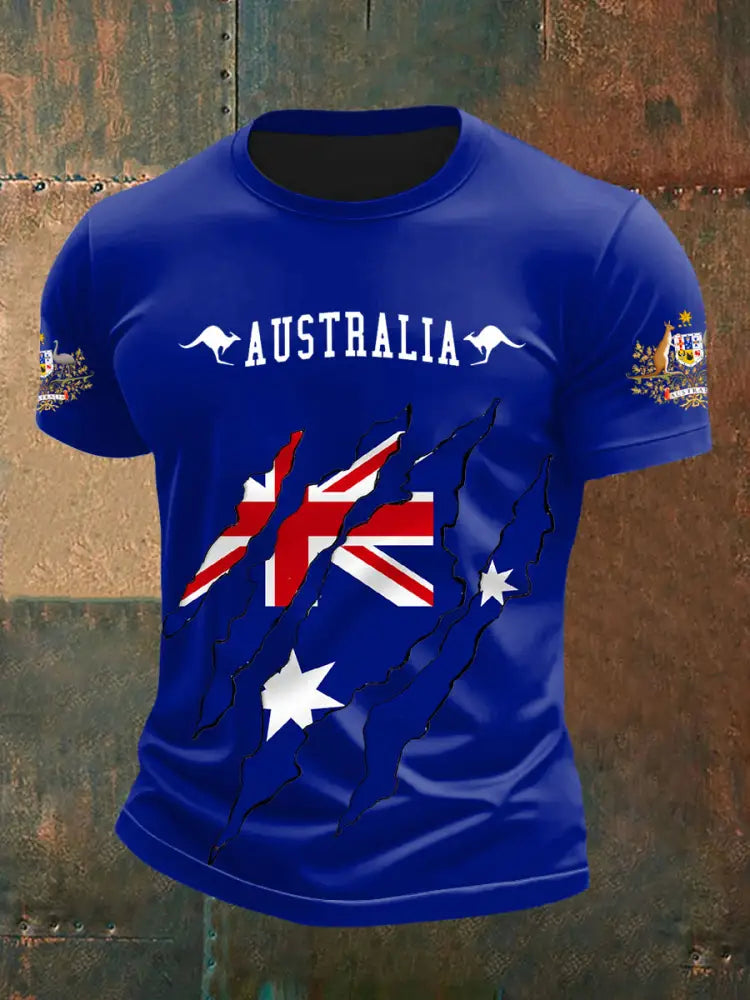 Vintage Australian Flag Badge Cracked Print Casual Cotton Short Sleeve T-Shirt Navy Blue / S