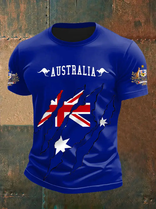 Vintage Australian Flag Badge Cracked Print Casual Cotton Short Sleeve T-Shirt Navy Blue / S