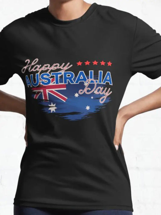 Vintage Australian Flag Badge Happy Australia Day Print Casual Cotton Short Sleeve T-Shirt Black / S
