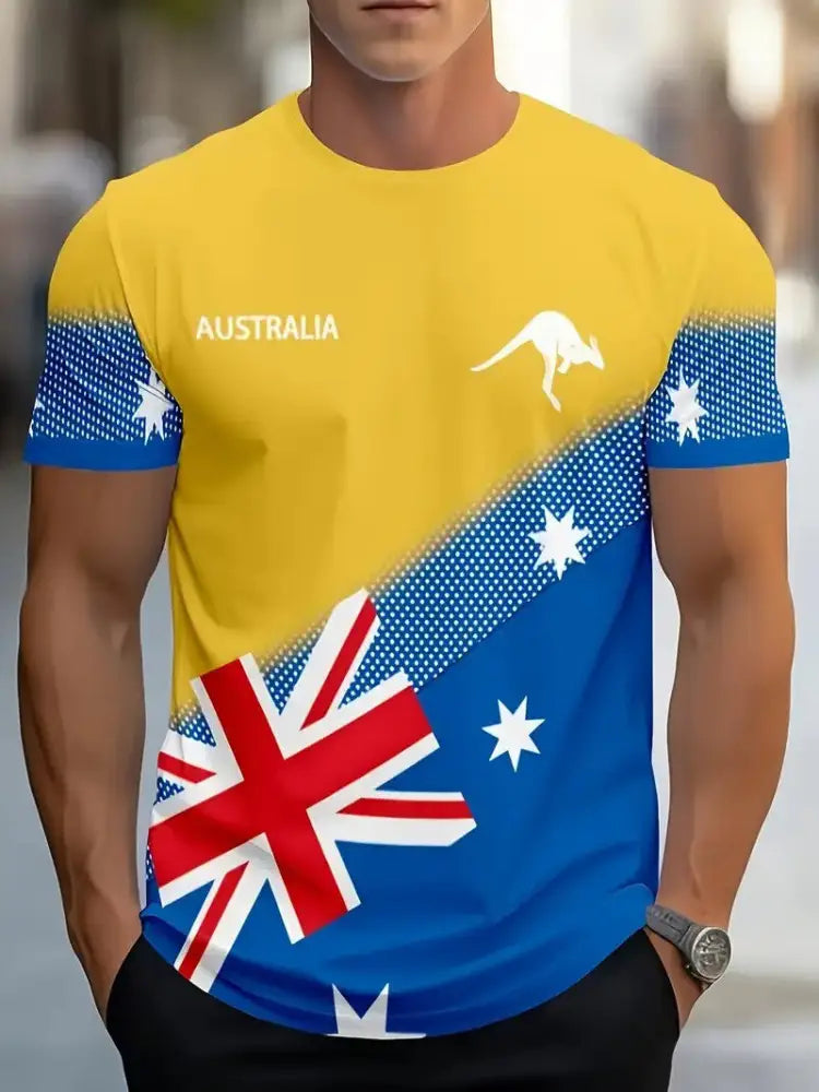 Vintage Australian Flag Badge Kangaroo Patchwork Abstract Print Casual Cotton Short Sleeve T-Shirt Blue / S