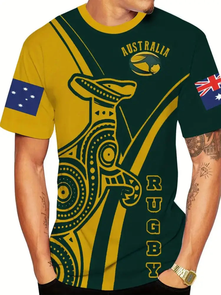 Vintage Australian Flag Badge Kangaroo Patchwork Abstract Print Casual Cotton Short Sleeve T-Shirt Green / S