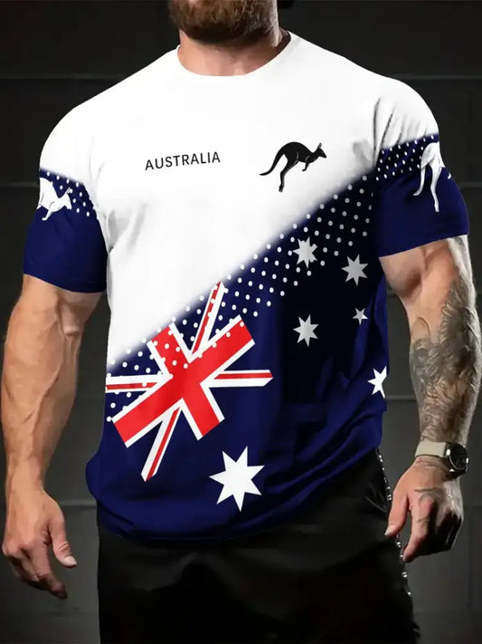 Vintage Australian Flag Badge Kangaroo Patchwork Print Casual Cotton Short Sleeve T-Shirt Blue / S