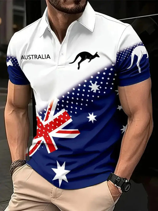 Vintage Australian Flag Badge Kangaroo Patchwork Printed Casual Cotton Short Sleeve Polo Shirt Blue / S