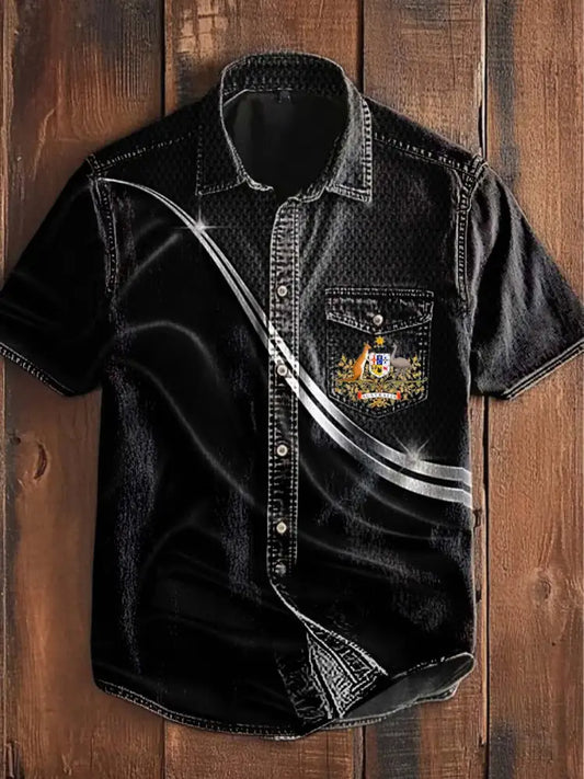 Vintage Australian Flag Badge Lines Print Casual Short Sleeve Pocket Shirt Black / S