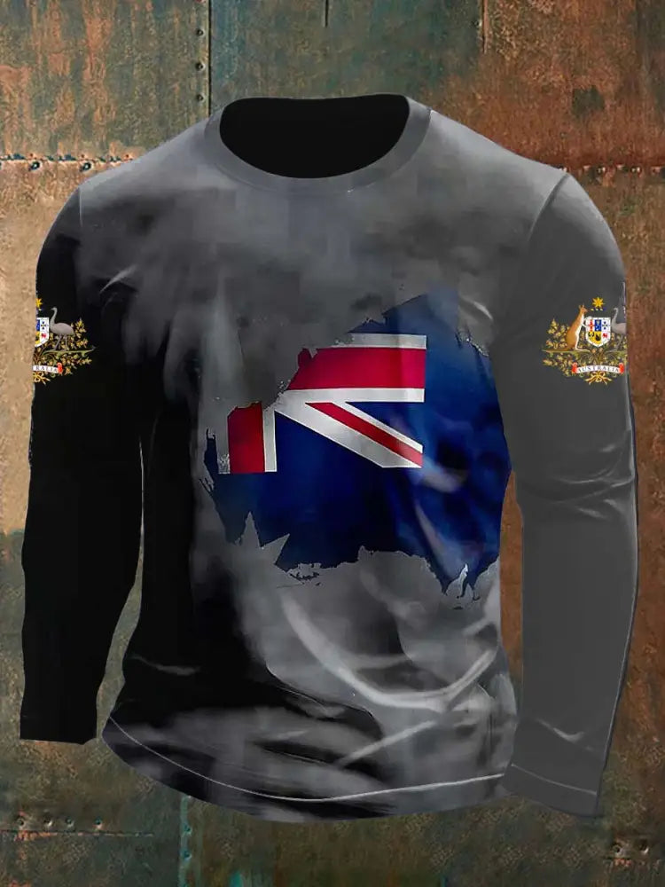 Vintage Australian Flag Badge Map Print Casual Cotton Long Sleeve T-Shirt Gray / S