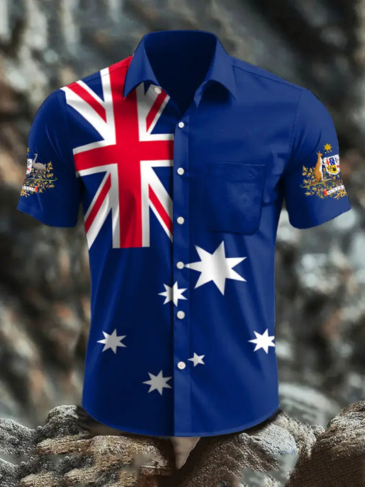 Vintage Australian Flag Badge Print Casual Cotton Short Sleeve Pocket Shirt Navy Blue / S