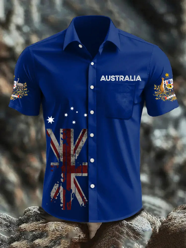 Vintage Australian Flag Badge Print Casual Cotton Short Sleeve Pocket Shirt Navy Blue / S