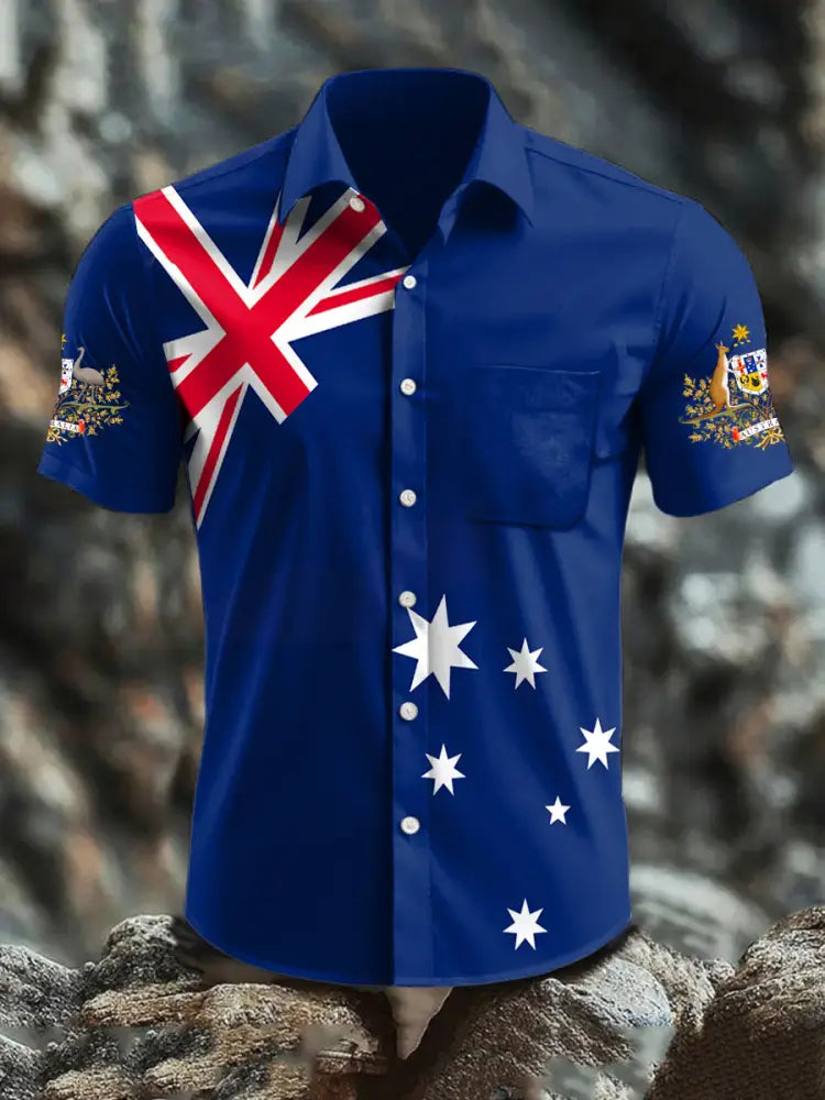 Vintage Australian Flag Badge Print Casual Cotton Short Sleeve Pocket Shirt Navy Blue / S