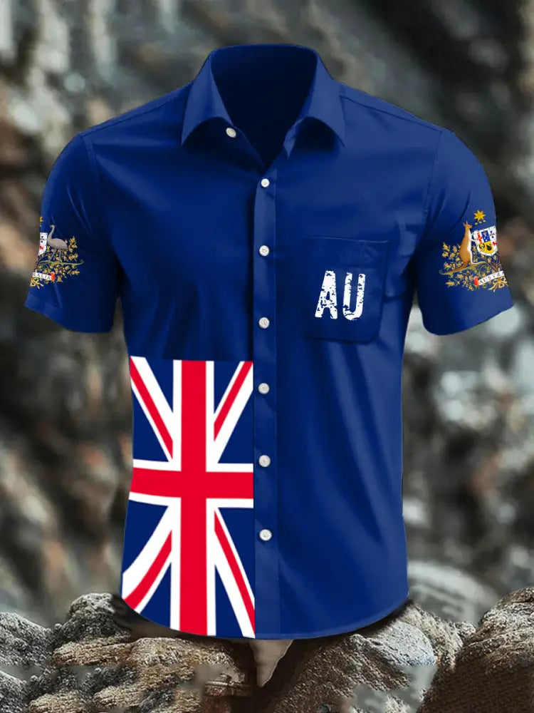 Vintage Australian Flag Badge Print Casual Cotton Short Sleeve Pocket Shirt Navy Blue / S